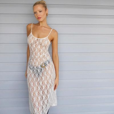 มุมมอง Mesh Halter Dress ดอกสลัมขนาดเล็ก หลังไม่ยาว ดูผ่านกระโปรง