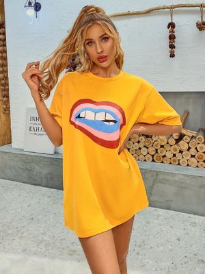 สไตล์ สบายดี เดคอล เสื้อยืด ผู้หญิง กระสุนถังผ้าใบ ห้าแควต แขน