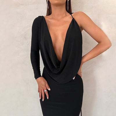 V Neck Slim Evening Dress สีแข็ง สายด้ายไหล่เดียว ห้องดํา ชุดเย็นเซ็กซี่