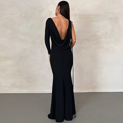 V Neck Slim Evening Dress สีแข็ง สายด้ายไหล่เดียว ห้องดํา ชุดเย็นเซ็กซี่
