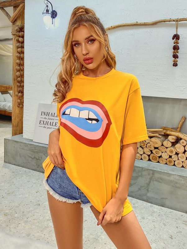 สไตล์ สบายดี เดคอล เสื้อยืด ผู้หญิง กระสุนถังผ้าใบ ห้าแควต แขน