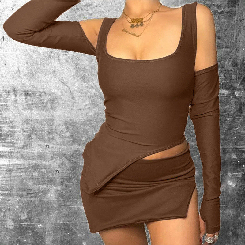ผู้หญิง ท่องเที่ยว ความสะดวกสบาย ชุดกีฬาเซ็กซี่ U Neck Slim Split Short Skirt And Top Set